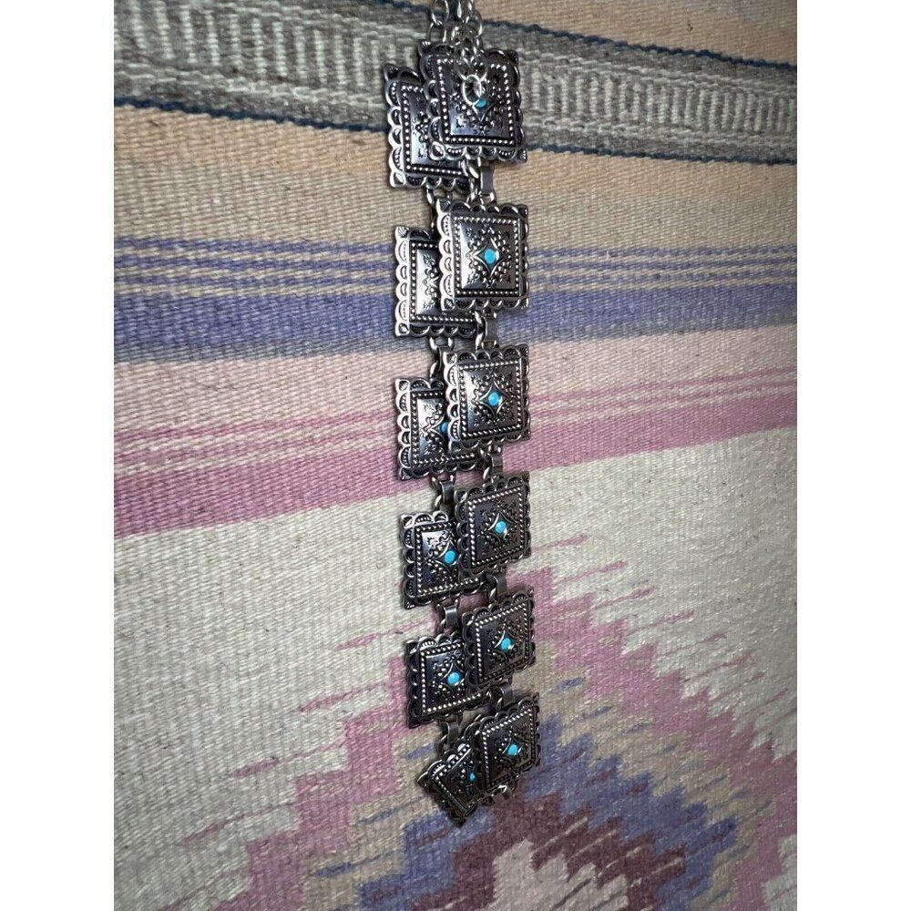 Concho Southwest Silver Unisex Chain belt adjustable to 52” Faux Turquoise - Picture 6 of 10